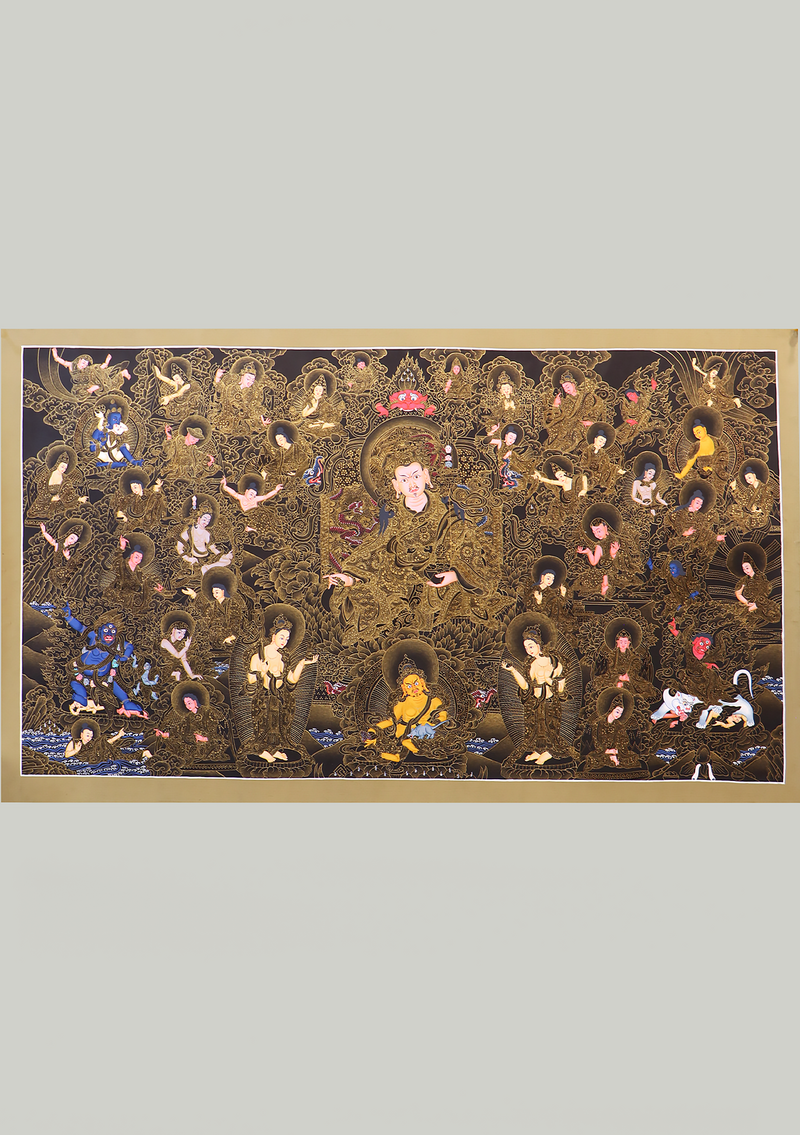 Guru Padmasambhva 24 K Gold with 24 Disciples Horizontal Thangka Painting
