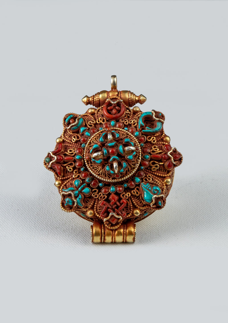 925 Silver Tibetan Ghau with Gold Plating - Double Dorjee & Eight Auspicious Symbols