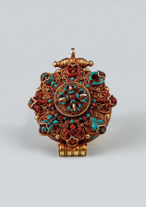 925 Silver Tibetan Ghau with Gold Plating - Double Dorjee & Eight Auspicious Symbols