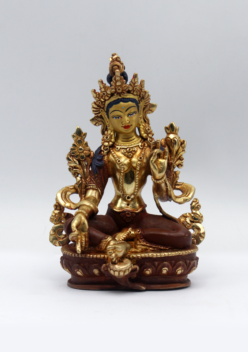Partly Gold Plated Copper Green Tara Statue 5.5"H