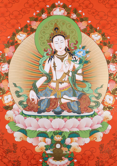 White Tara Thangka Painting Red Background