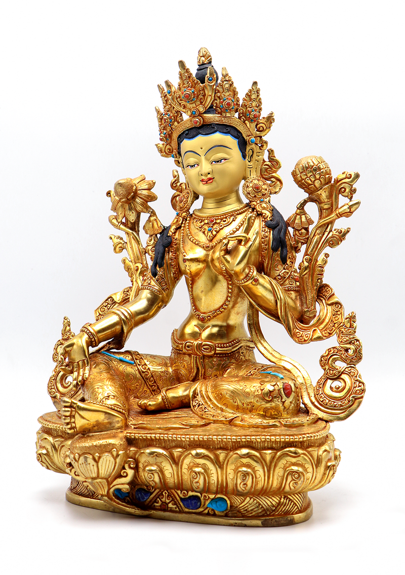 Green Tara 24 K Gold  Stone Inlaid  Copper Statue 12"H