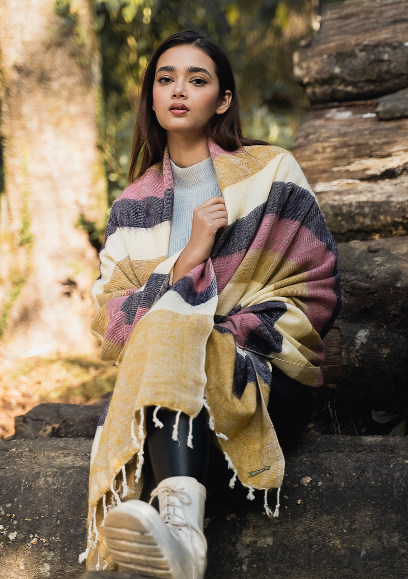 Baby Pink Beige White Stripe Hand-loomed Soft Yak Wool Blanket