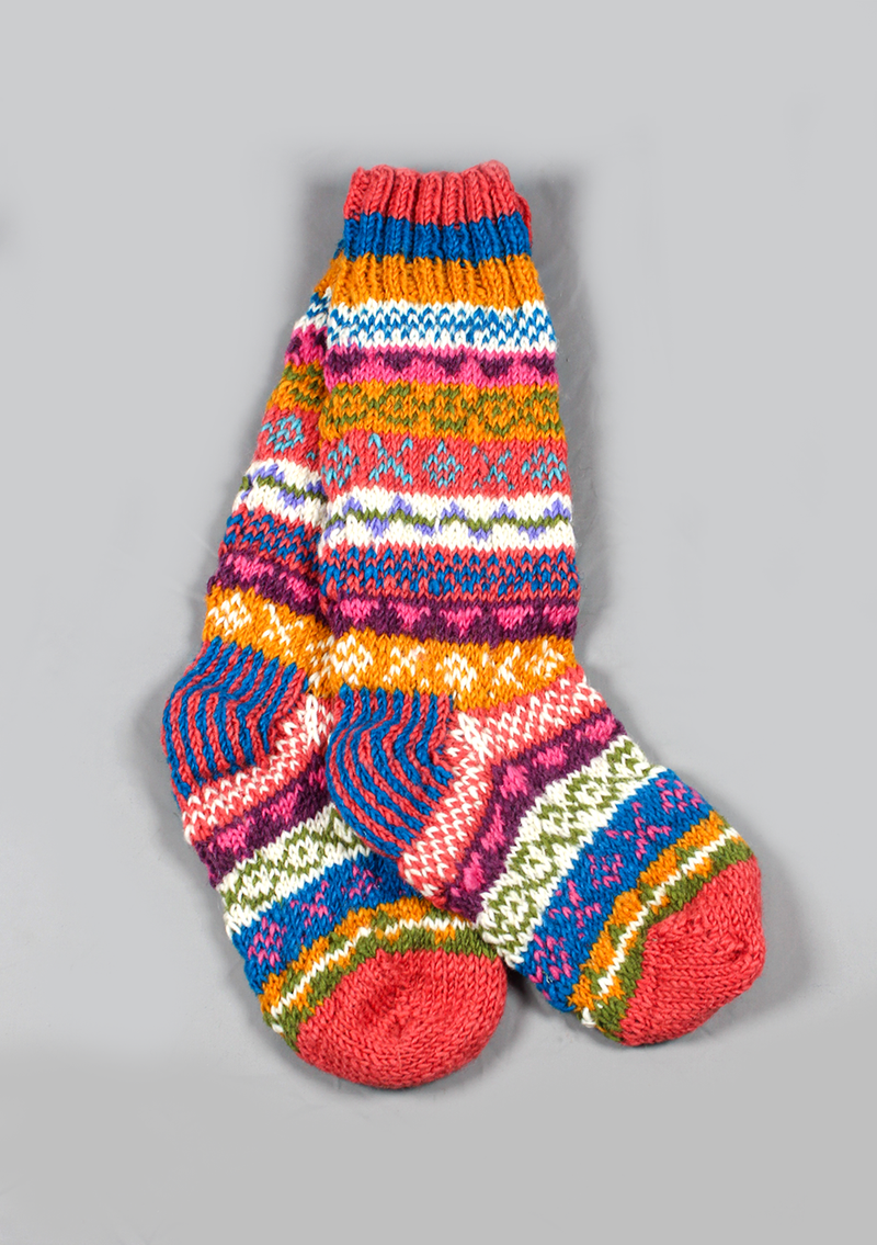 Handknitted Green and Pink Multicolor Woolen Knee High Socks