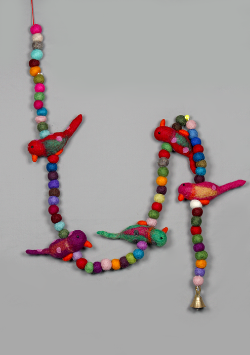 Colorful Felt Ball Wall Hanging with Birds & Bell – Handmade Wool Home Decoration