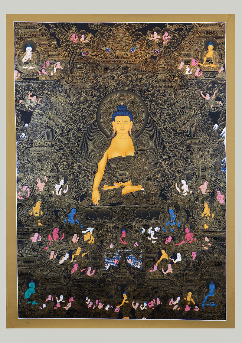 Shakyamuni 24 K Gold and Black with Disciples Thangka Painting