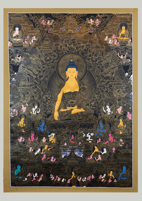 Shakyamuni 24 K Gold and Black with Disciples Thangka Painting