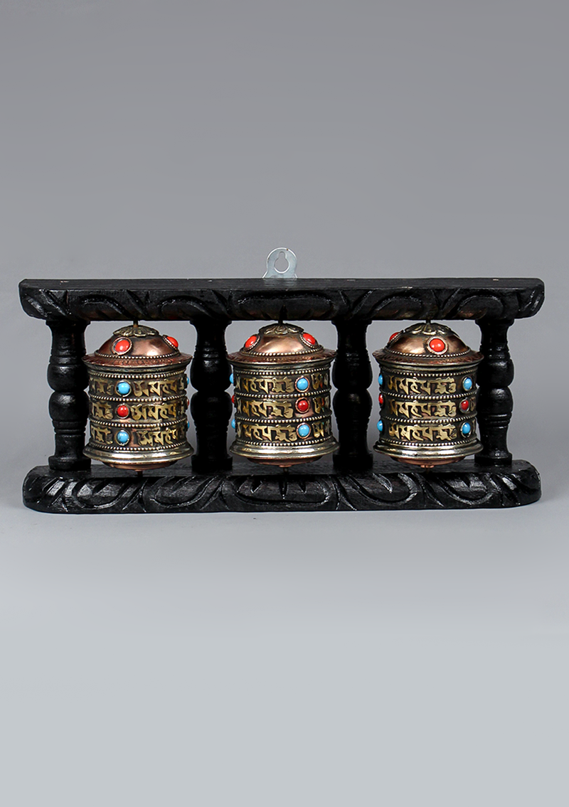 Om Mani Nepal Souvenirs 3 Prayer Wheel Wooden Frame Hanging