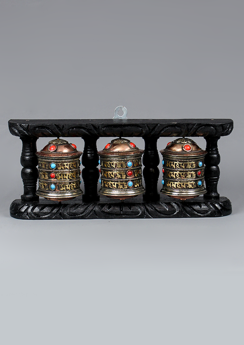 Om Mani Nepal Souvenirs 3 Prayer Wheel Wooden Frame Hanging