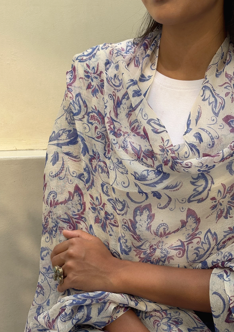 Lightweight Blue and Pink Floral Cashmere Shawl