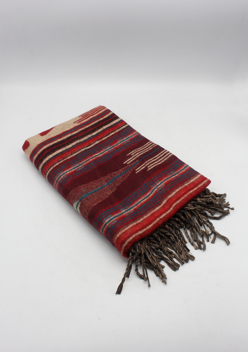 Hand loomed Red Blue Woolen Shawl Nepal- Nimrat