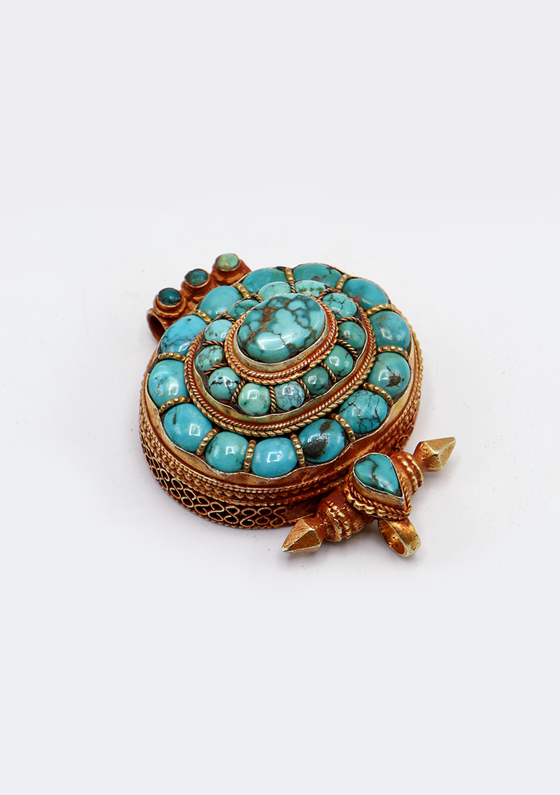 Handcrafted Tibetan Turquoise  Silvers Sterling Gold plated Ghau Pendant