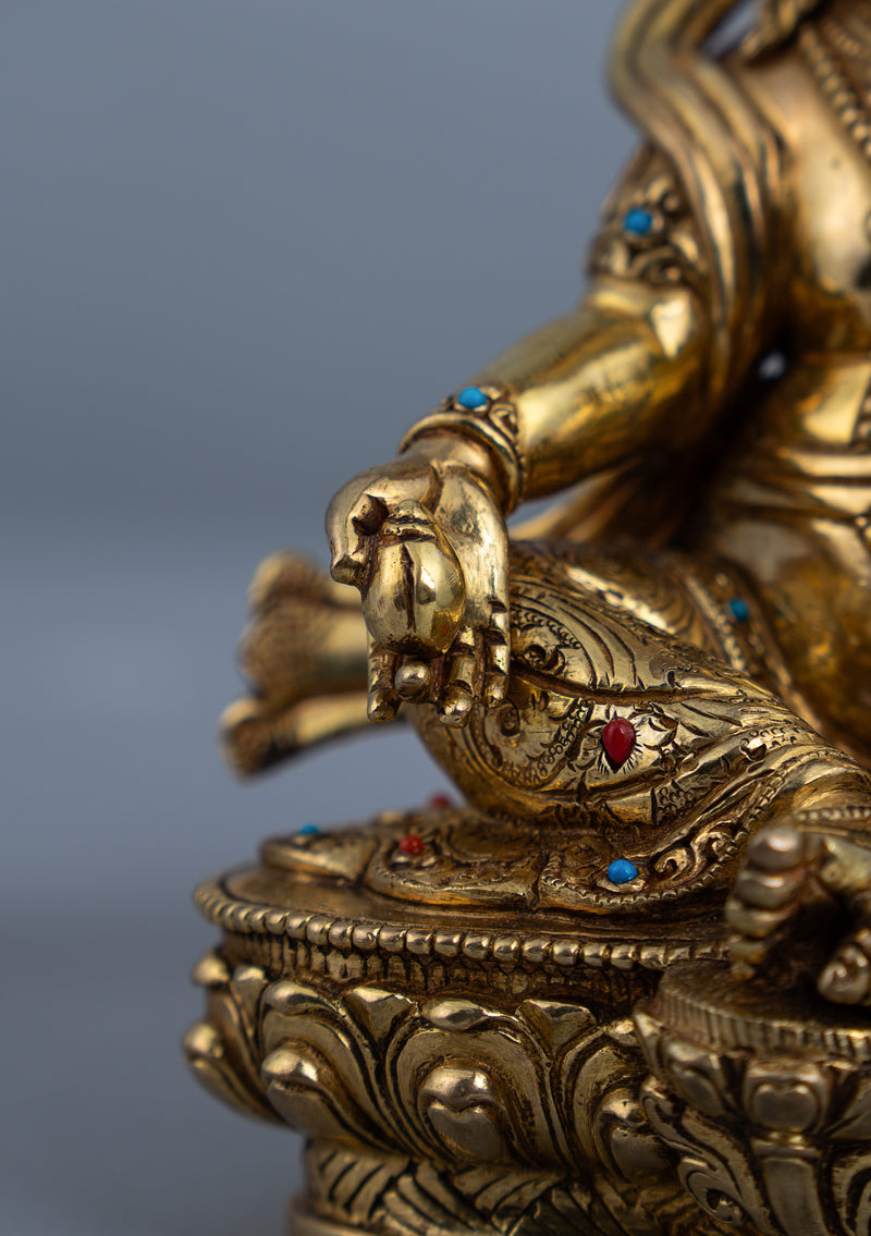Fully Gold Plated Dzambhala Statue with Stone Inlays 7.5"H