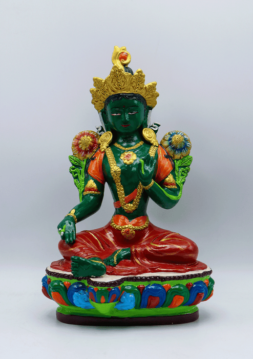Hand-Painted Terracotta Green Tara Statue 13.5"