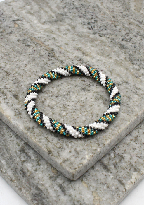 Black and White Gold Stripe Nepalese Roll on Beads Bracelet