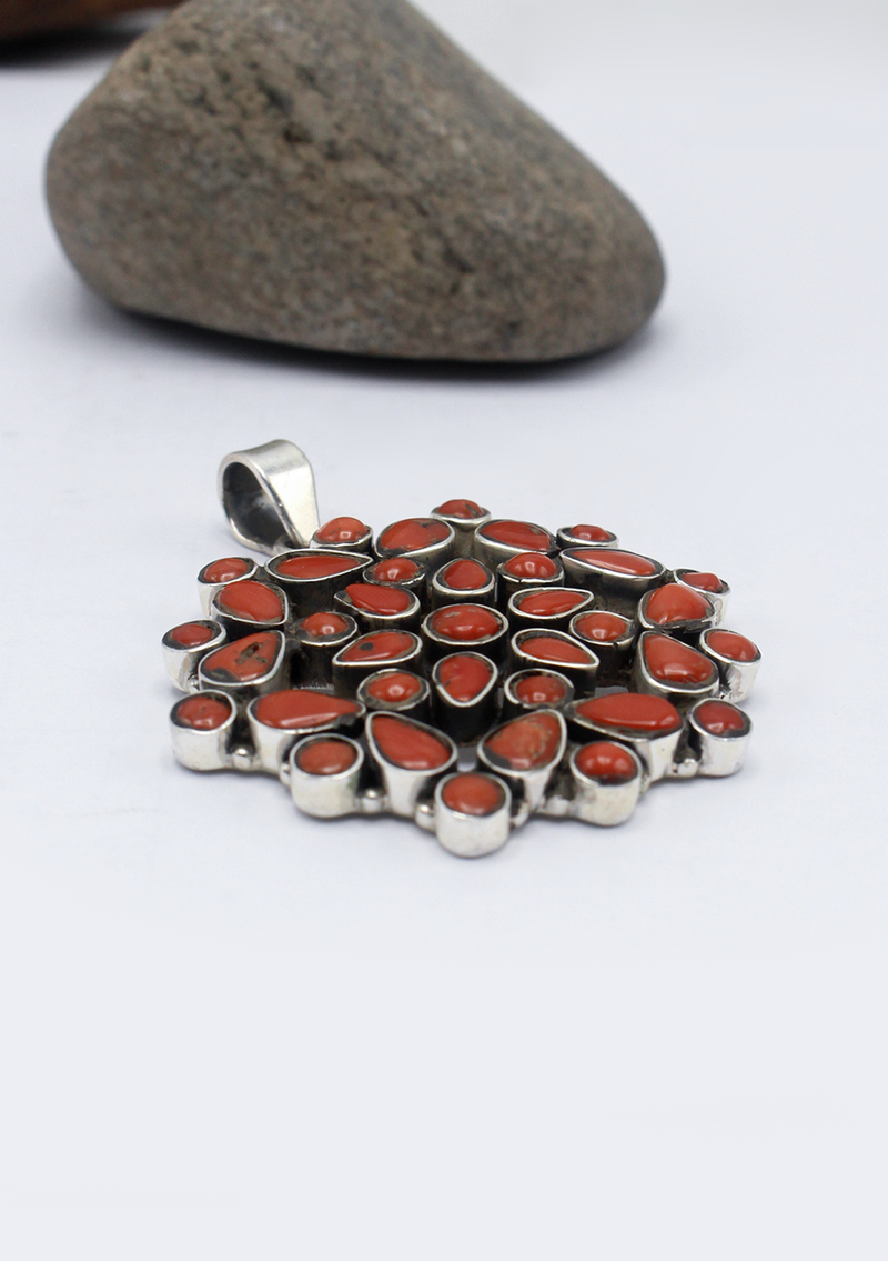 Multistone Coral  Flower  Silver Sterling Pendant