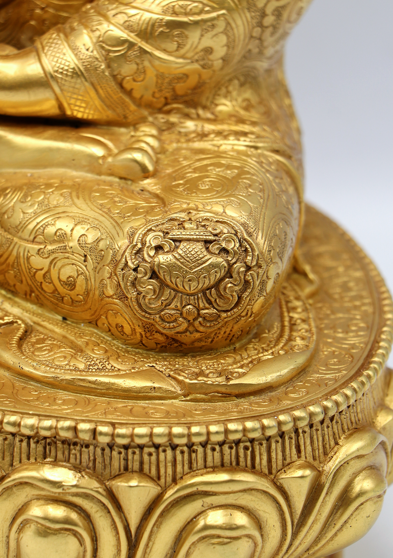 Eight Auspicious Symbols Carved Gold Plated Shakyamuni Buddha Statue 13" H