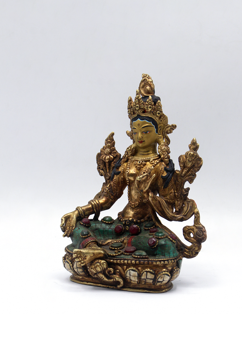 Stone Inlaid Copper Green Tara Statue 5.5"H