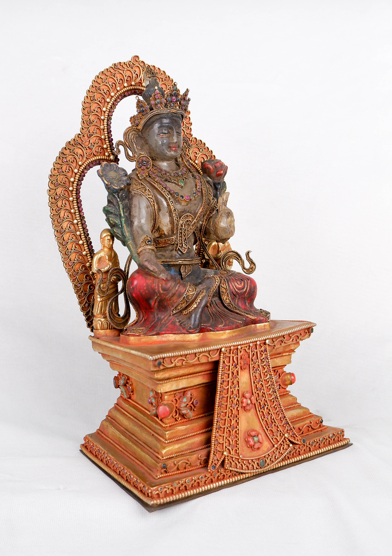 Crystal Green Tara Statue seated on the Double Lotus Throne