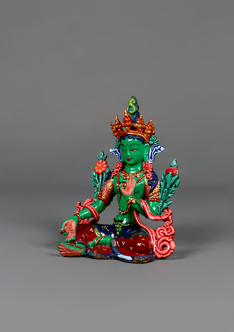 Hand Painted Copper Green Tara Statue 5"