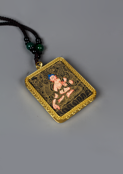 White Tara  Mini  Thangka Painting Black Gold Amulet