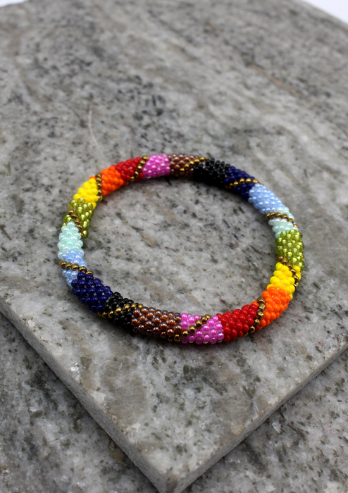Golden Spiral Multicolored Stripe Nepalese Roll on Beads Bracelet