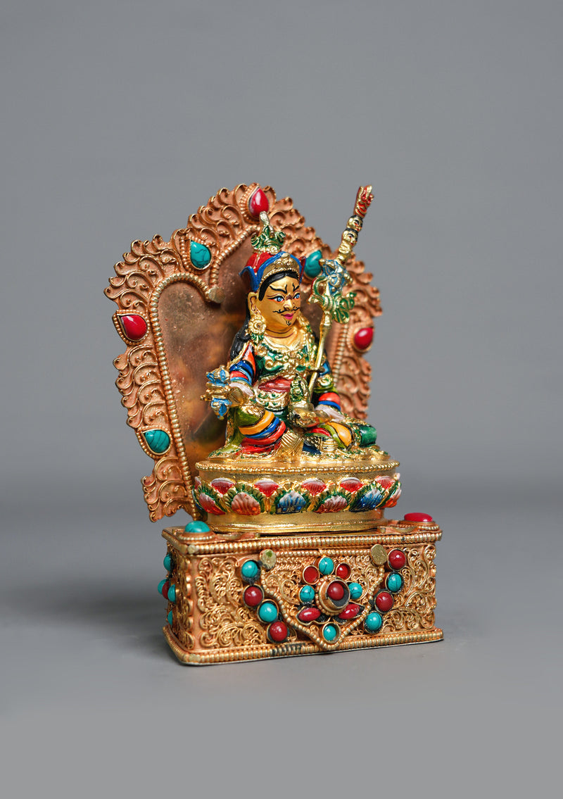 Handpainted Guru Padmasambhava Statue with Stone-Inlaid Throne