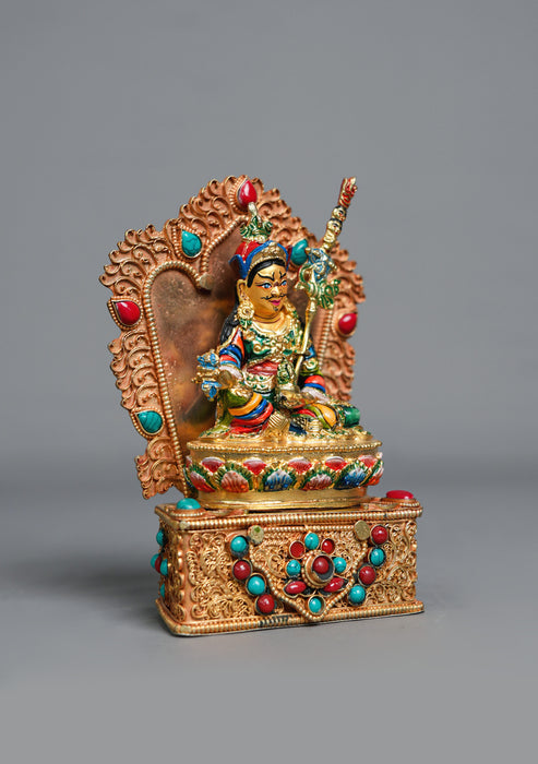 Handpainted Guru Padmasambhava Statue with Stone-Inlaid Throne