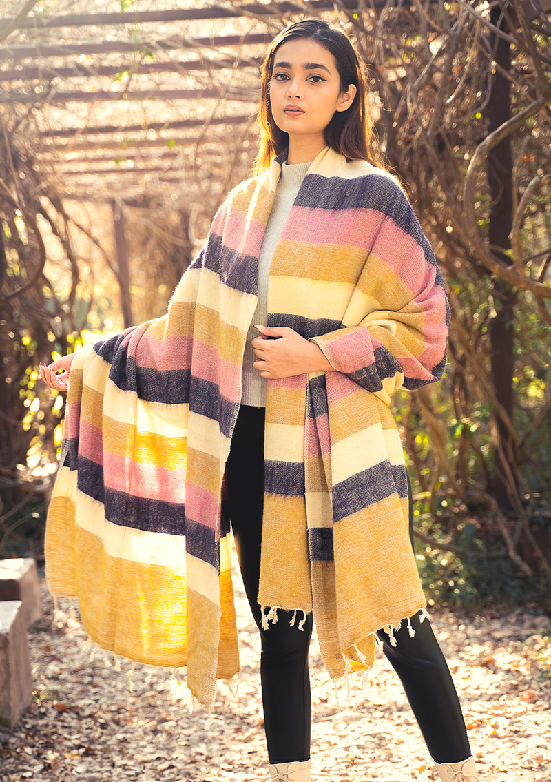 Baby Pink Beige White Stripe Hand-loomed Soft Yak Wool Blanket