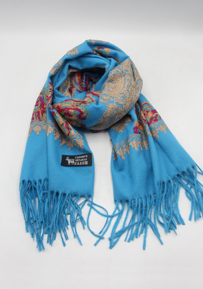 Turquoise Blue Woolen Embroidery Shawl