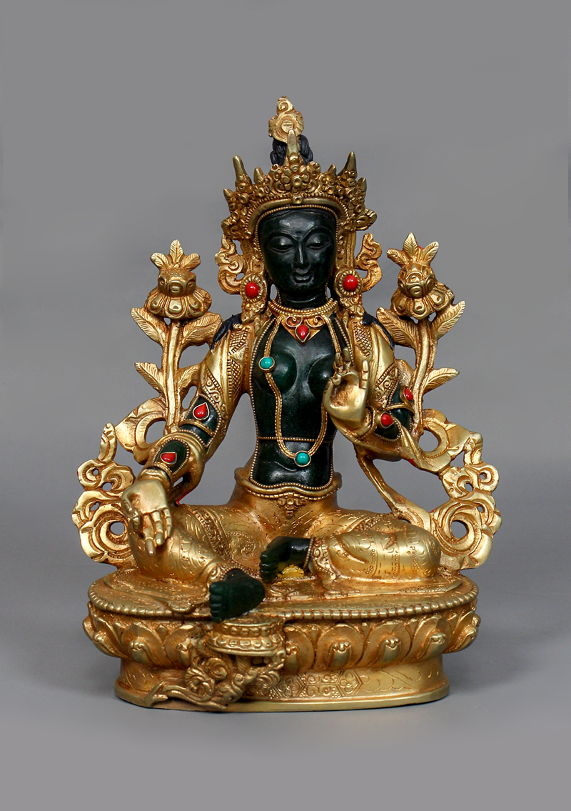 Gold Plated  Green Stone Green Tara Statue 9"H