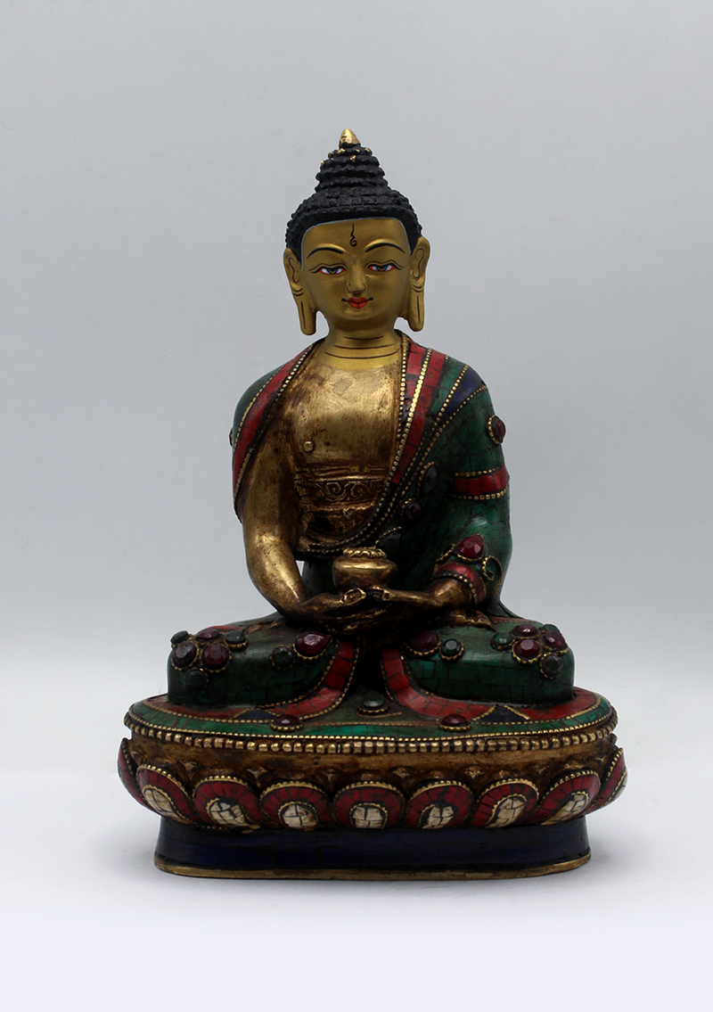 Stone Inlaid Copper Amitabha Buddha Statue 8.5"H