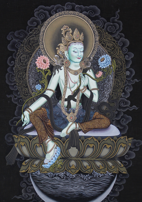 Green Tara  Seated on  Double  Lotus Thangka Painting