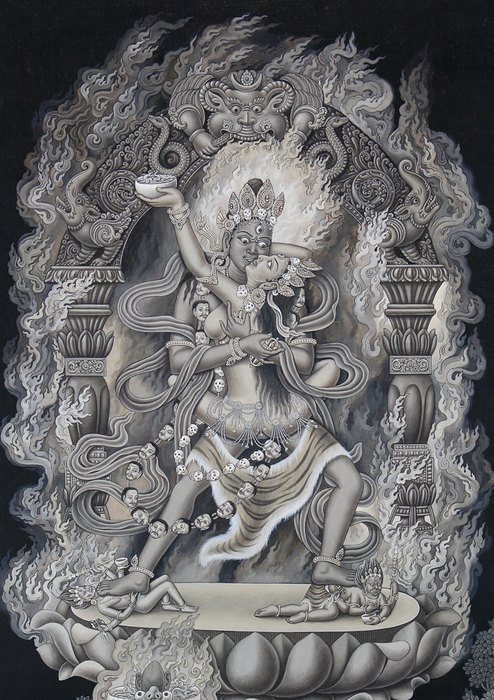 Chakrasambhava Black and White Thangka Painting