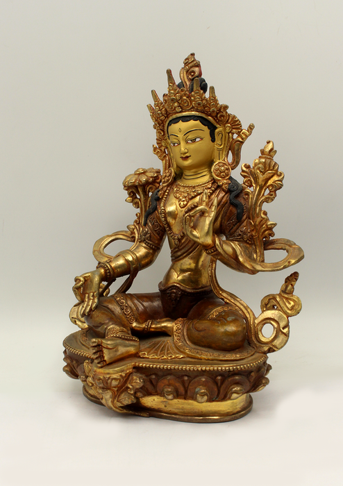 God of Compassion  Gold Plated Green Tara Statue 8.5" H