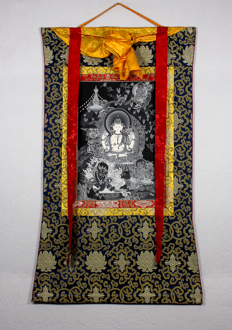Black and White Chenrezig Brocade Thangka Painting