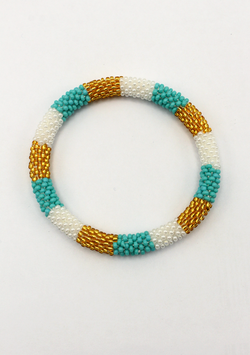 White Blue Gold Roll on Beads Bracelet