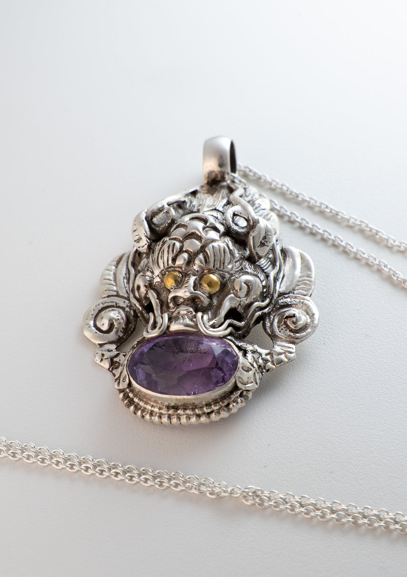 Sterling Silver Amethyst Dragon Pendant with Chain
