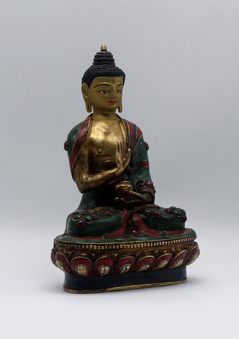 Stone Inlaid Copper Amogasiddhi Buddha Statue 8.5"H