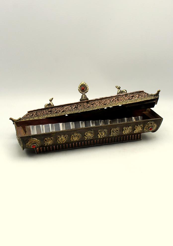 Coral Inlaid Tibetan Incense Burner with 8 Auspicious Symbols