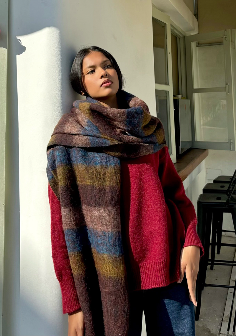 Brown Blue Stripe Yak Wool Meditation and Yoga Blanket