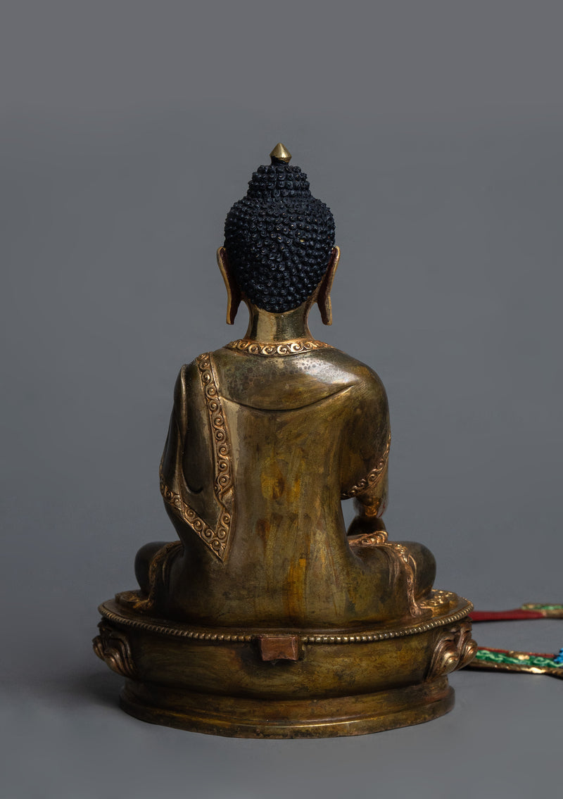 Partly Gold Plated Shakyamuni Buddha Statue with Hand-Painted Mandorla – 10" Handmade Nepalese Buddhist Art