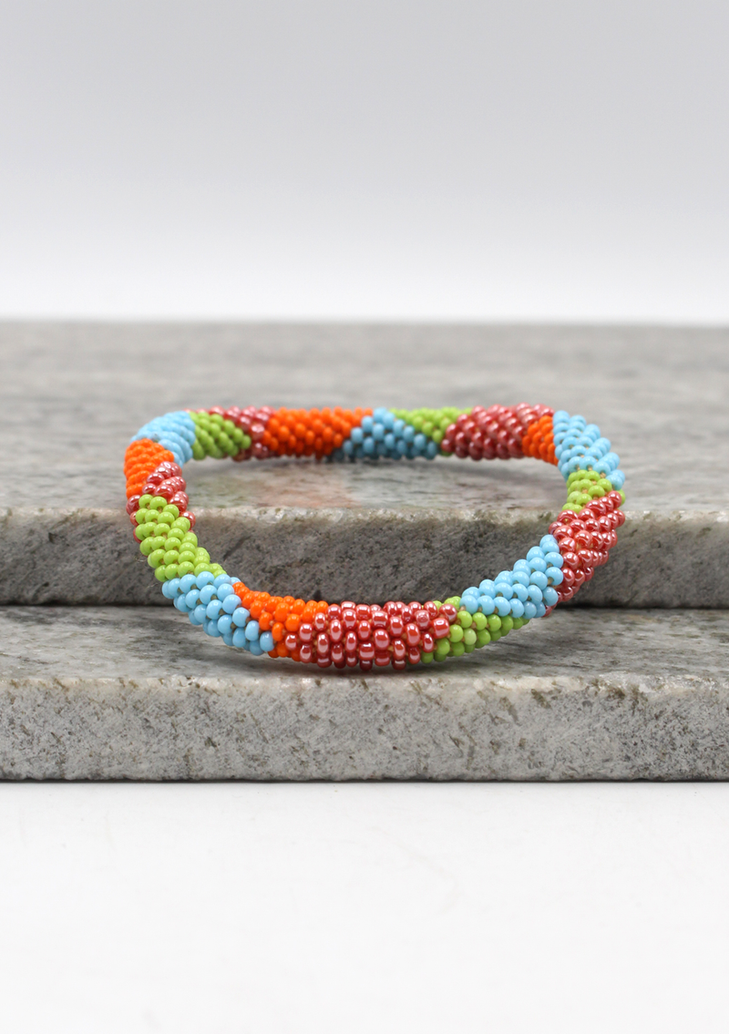 Zick  Zack Green Orange Nepalese Roll on Beads Bracelet