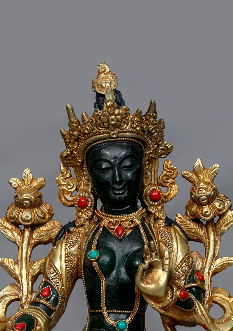 Gold Plated  Green Stone Green Tara Statue 9"H