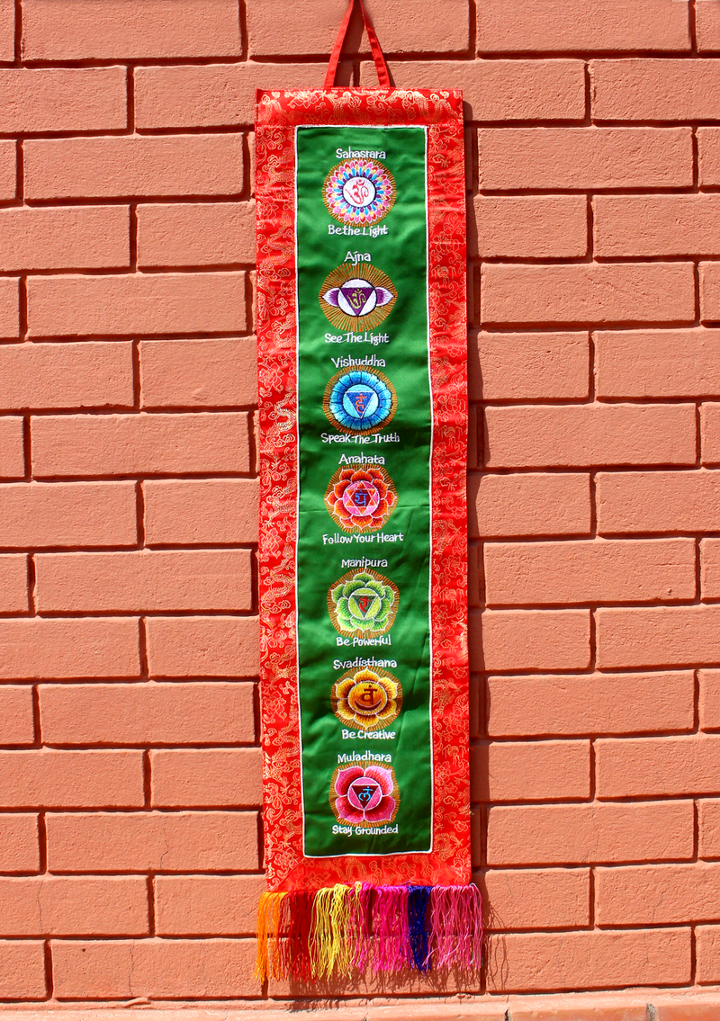 Seven Chakra Embroidery Brocade Framed Wall Hanging Banner