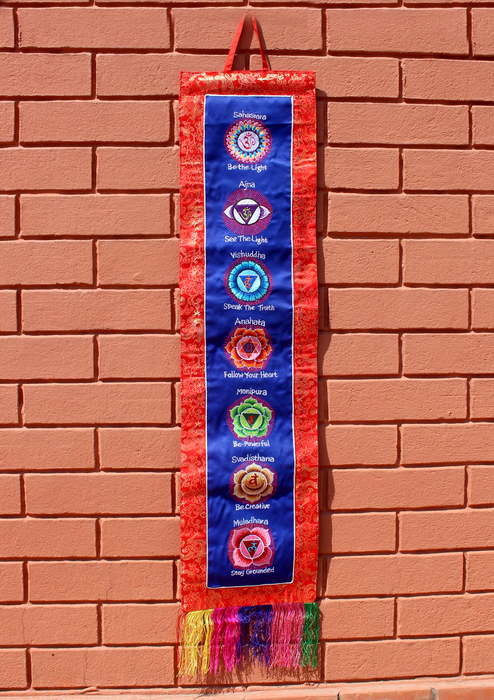 Seven Chakra Embroidery Brocade Framed Wall Hanging Banner