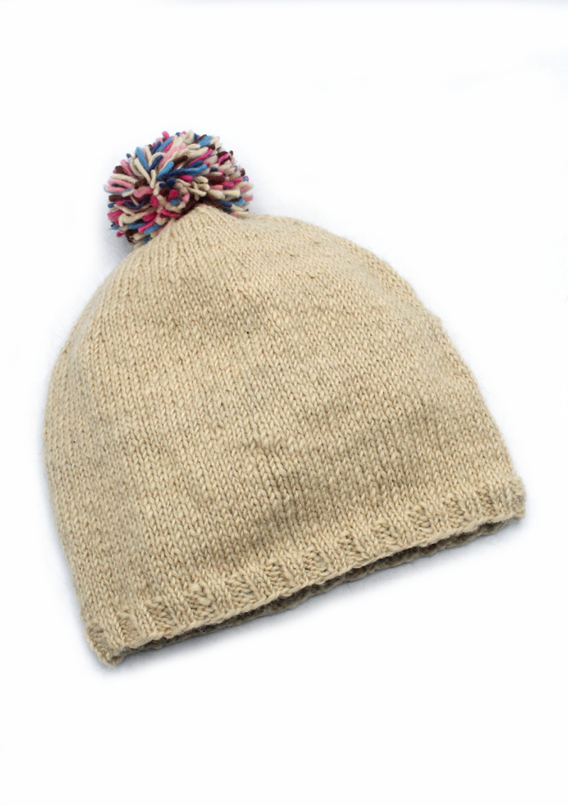 Flower Patterned Off-White Sherpa Pom Pom Beanie