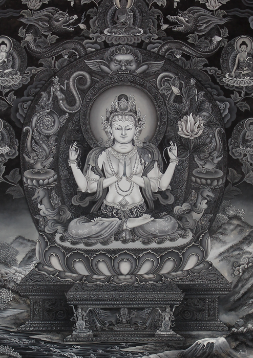 Chenrezig Black and White Masterarts Thangka Painting