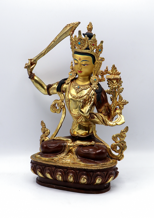 God of Wisdom 24 K Gold  Copper Manjushree Statue 13" H