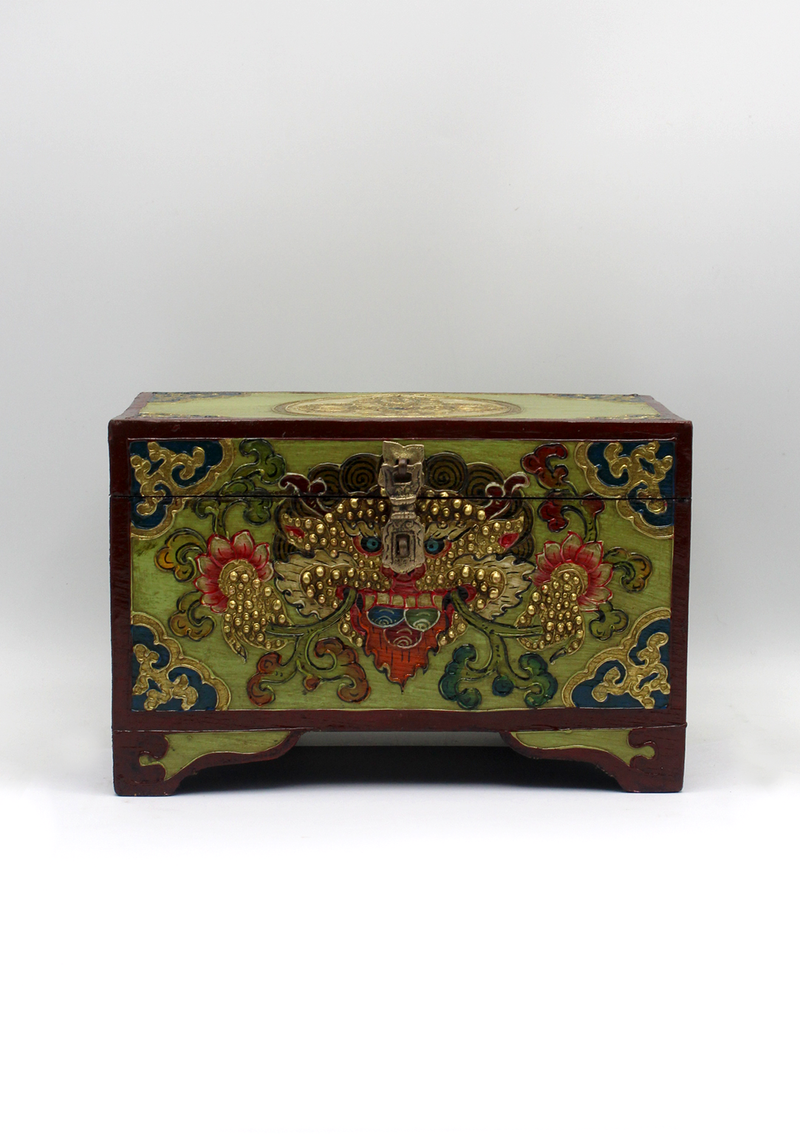 Handpainted Tibetan Double Dorjee Green Wooden Box -Large